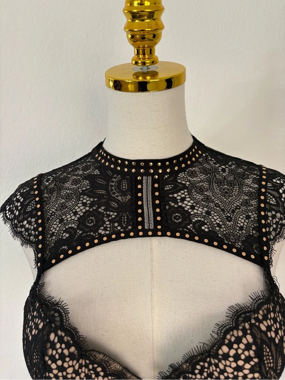 Victoria's Secret Black Lace High-Neck Studded Bralette with Nude Underlay